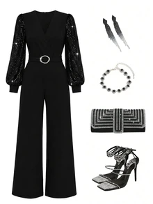 GlowEve CURVE Jumpsuit Satin Leher V dengan Pinggang Ramping dan Ikat Pinggang Tinggi Berhiaskan Berlian Imitasi, Celana Panjang Lebar - Hitam - View 4