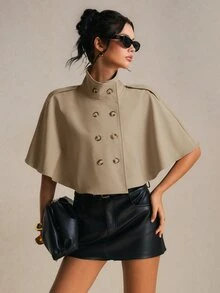 Poéselle 女款純色雙排扣休閒披肩式風衣 - 卡其色 - 查看 4
