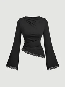 SHEIN MOD 女款純色對比蕾絲下擺喇叭袖時尚T恤 - 黑色 - 查看 1