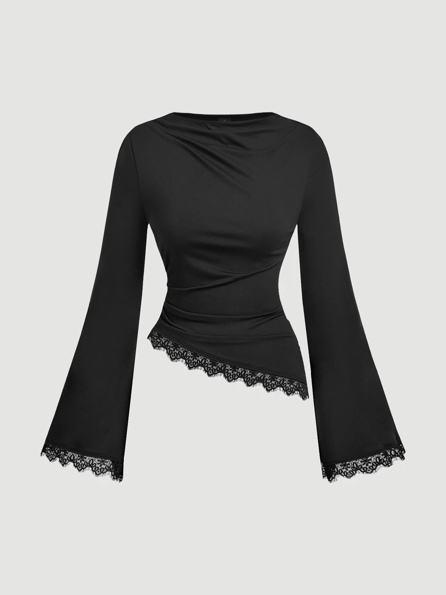 SHEIN MOD 女款純色對比蕾絲下擺喇叭袖時尚T恤 - 黑色 - 查看 1