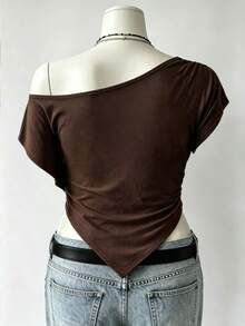 SHEIN Women's Top, Jersey Knit Asymmetric OffTheShoulder Poncho,Summer - Brown - View 2