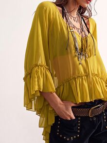 Bohemela Casual Solid Color Woven Ruffle Trim Oversized Women's Blouse - Yellow - View 5