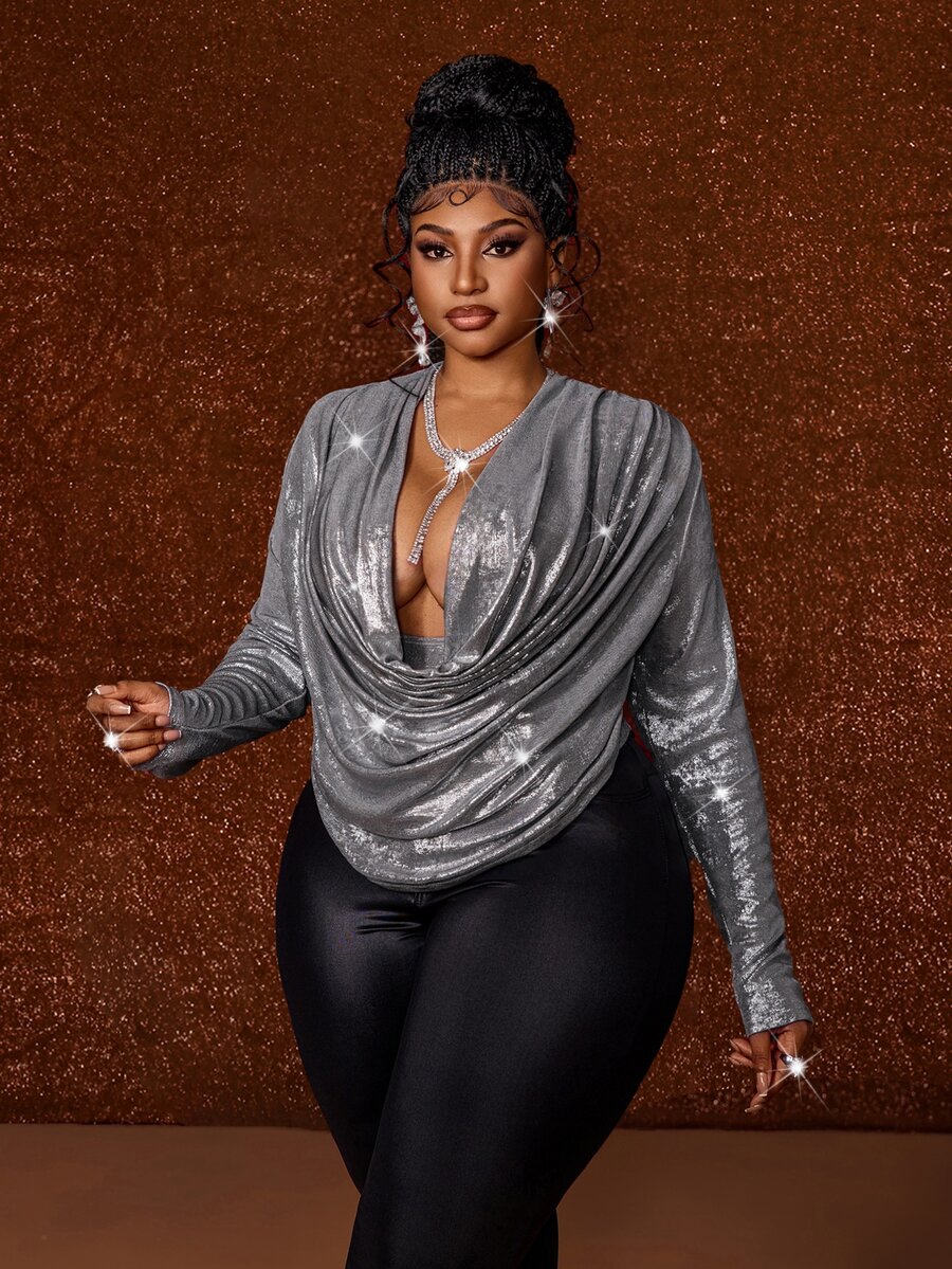 Viva Relle Plus Size Blouses - Silver - View 1