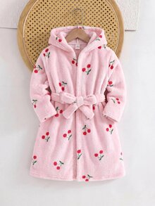 SHEIN 女嬰針織純色櫻桃圖案印花連帽人造毛休閒居家服，適合秋冬穿著 - 彩色 - 查看 6