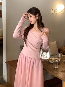 DAZY 女款純色休閒網紗不對稱肩韓風毛衣兩件套 秋季 - 淺粉色 - 查看 5