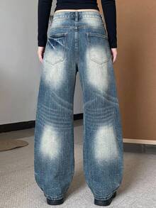 DAZY Women's Deep Blue Washed Distressed High Waist Loose Wide Leg Patchwork Design Casual Versatile Denim Jeans Fall - Blue - View 2