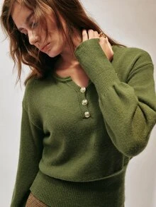 SHEIN Women's Sweater Slim Fit Lantern Sleeve Knitted Henley Neck Metal Buttons Ribbed Hem Elegant Retro Casual Green Solid Fall Clothes For Women Autumn - Army Green - View 8