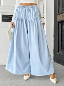 Pariaura New Loose Drape Slimming Casual Versatile Elastic Drawstring Design Slouchy High Waist Wide Leg Pants - Baby Blue - View 1