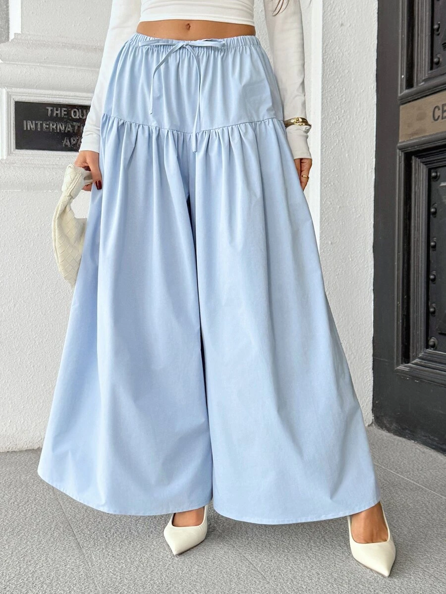 Pariaura New Loose Drape Slimming Casual Versatile Elastic Drawstring Design Slouchy High Waist Wide Leg Pants - Baby Blue - View 1