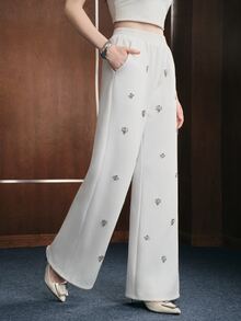 Anewsta Women's Elegant Fashion Casual Sweatpants With Rhinestone Decor For Autumn/Winter, Suitable For Outings, Parties And Holidays - White - View 3