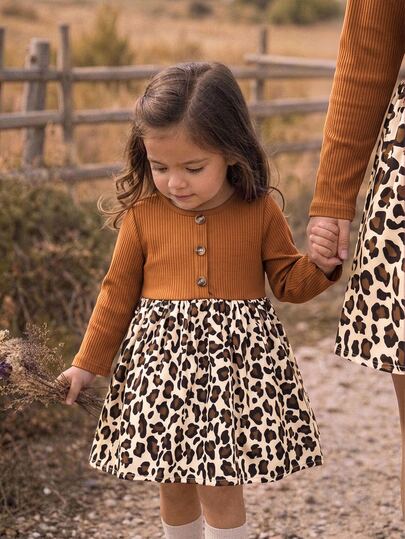 SHEIN Cute Casual Knitted Patchwork Leopard Print Long Sleeve Loose Fit Dress For Baby Girls