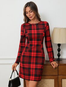 EMERY ROSE Gaun Pendek Wanita Motif Kotak-kotak Leher Bulat Lengan Panjang Pas Badan - Merah - View 4