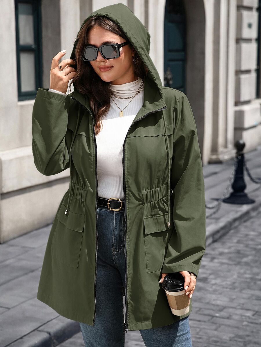 EMERY ROSE Plus Size Women's Long Sleeve Zipper Front Casual Drawstring Hooded Jacket Fall - Army Green - View 1