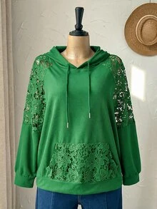 Rusticease Plus Size Sexy Embroidered Hollow Out Pocket Hooded Sweatshirt - Green - View 4