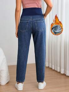 SHEIN 孕婦可調腰圍休閒日常牛仔褲 - 深色水洗藍 - 查看 2