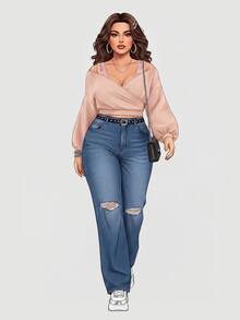 SHEIN MOD 大尺碼女款蕾絲拼接休閒日常長袖運動衫 - 粉色 - 查看 8
