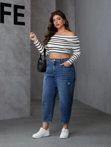 SHEIN Essnce 大尺碼時尚百搭鈕扣口袋牛仔短褲 - 中等水洗藍 - 查看 4