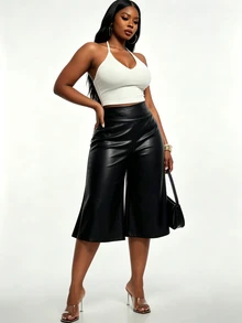 SHEIN SXY Plus Size Black PU Cropped Wide Leg Pants Suitable For Autumn/Winter - Black - View 5