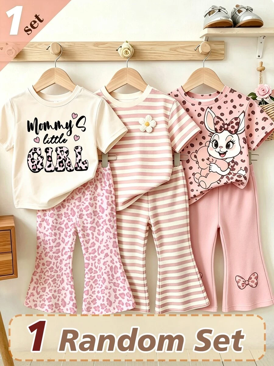 (1 Random Set) Baby Girls Autumn Casual Cute Pink Leopard Print Letter Heart Bow Rabbit Flower Striped Short T-Shirt And Flared Pants - Multicolor - View 1