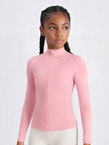 SHEIN 青少年女孩粉色貼身防曬運動套裝 瑜伽服 訓練 皮拉提斯 跑步 戶外活動 健身房 秋季休閒寬鬆健身服 - 粉色 - 查看 6