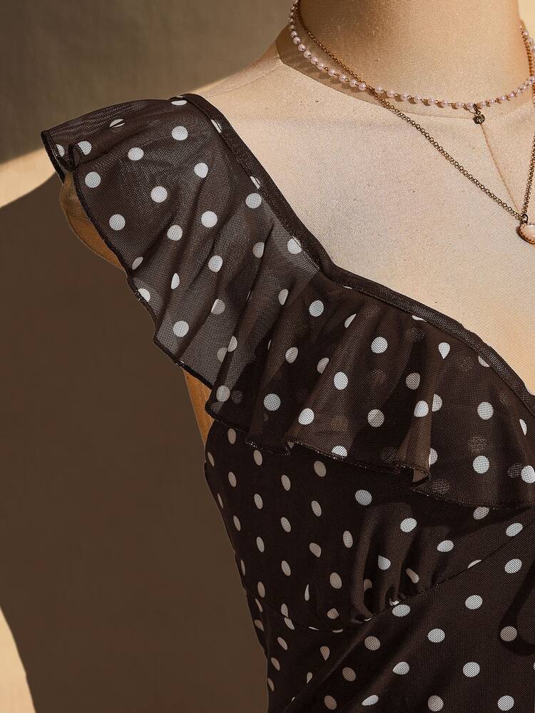 SHEIN ICON Women's Plus Size Black & White Polka Dot Ruffle Hem Dress - Coffee Brown - View 8