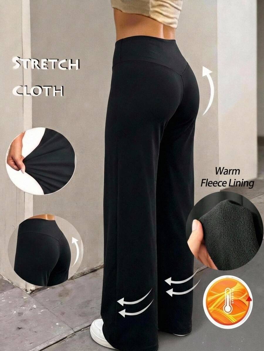 SHEIN 青少年女孩秋冬日常休閒保暖內裡加厚V縫線直筒寬腿舒適彈性黑色百搭休閒運動長褲 - 黑色 - 查看 1