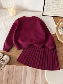 SHEIN 4-7歲女童灰色3D手工刺繡大花圓領針織毛衣百褶裙兩件套，兒童校園校服、出遊、生日拍照穿搭，柔軟簡約，適合春秋/秋冬 - 酒紅色 - 查看 2