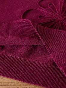 SHEIN 4-7歲女童灰色3D手工刺繡大花圓領針織毛衣百褶裙兩件套，兒童校園校服、出遊、生日拍照穿搭，柔軟簡約，適合春秋/秋冬 - 酒紅色 - 查看 6