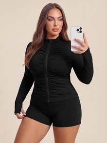 SHEIN Dewbera Women's Plus Size Solid Color Casual Daily Outdoor Sports Jacket - Black and White - View 4