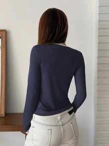 DAZY 女款拼接撞色 2 合 1 圓領長袖休閒街頭風度假春秋冬底層 T 恤 - 霧霾藍 - 查看 2
