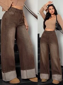 SHEIN Tall 冬季女款休閒水洗復古時尚翻邊設計寬腿牛仔褲 - 棕色 - 查看 2
