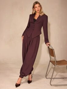 Enchnt Women's Regular Long Sleeve Single-Breasted Jacket And Jogger Pants Fashion Suit Set - Apricot - View 5