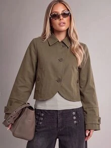 Avantive Jaket Lengan Panjang Kancing Pendek Gaya Jalanan untuk Wanita, Serbaguna - Hijau Tentara - View 4
