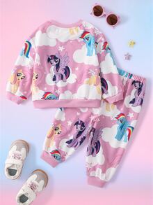 My Little Pony X SHEIN Baby Girl Cartoon Print Long Sleeve Sweatshirt And Jogger Pants Set - Multicolor - View 2