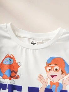Blippi X SHEIN Young Boy Letter Cartoon Print Short Sleeve T-Shirt And Shorts Set - Blue - View 3