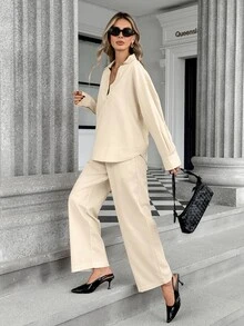 Pariaura New Women's Long Sleeve Polo Collar Commuter Blended Shirt With Double Pockets And Loose Wide Leg Pants 2 Pieces Set - Beige - View 5