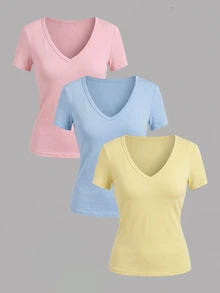 SHEIN EZwear 3件組女款純色V領T恤 - 彩色 - 查看 12