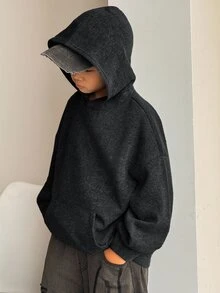 SHEIN 兒童青少年男孩休閒韓系寬鬆布料圓領運動衫，適合通勤、上學、日常休閒外出、運動，秋冬穿著 - 黑色 - 查看 3