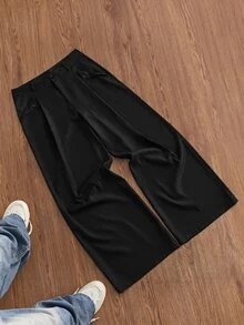 SWAVVY 男士純色百褶設計寬腿寬鬆長褲 - 黑色 - 查看 2
