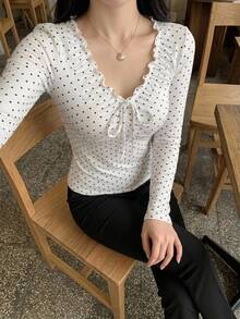 DAZY 女款夏季波點滿版印花抓皺無袖V領套頭休閒背心 - 白色 - 查看 7