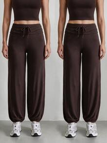 Easithlete Women's Solid Color Drawstring Waist Casual Daily Travel Sports Long Pants - Coffee Brown - View 1