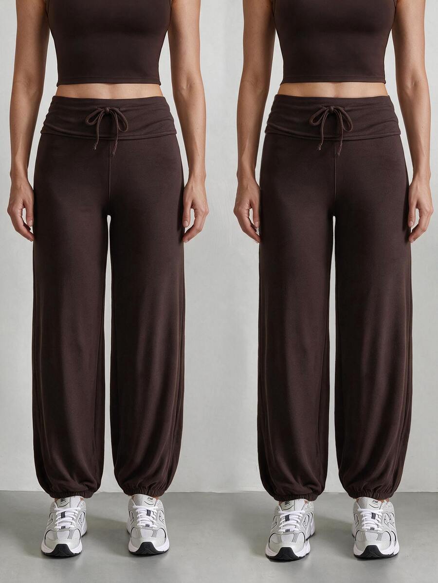 Easithlete Women's Solid Color Drawstring Waist Casual Daily Travel Sports Long Pants - Coffee Brown - View 1