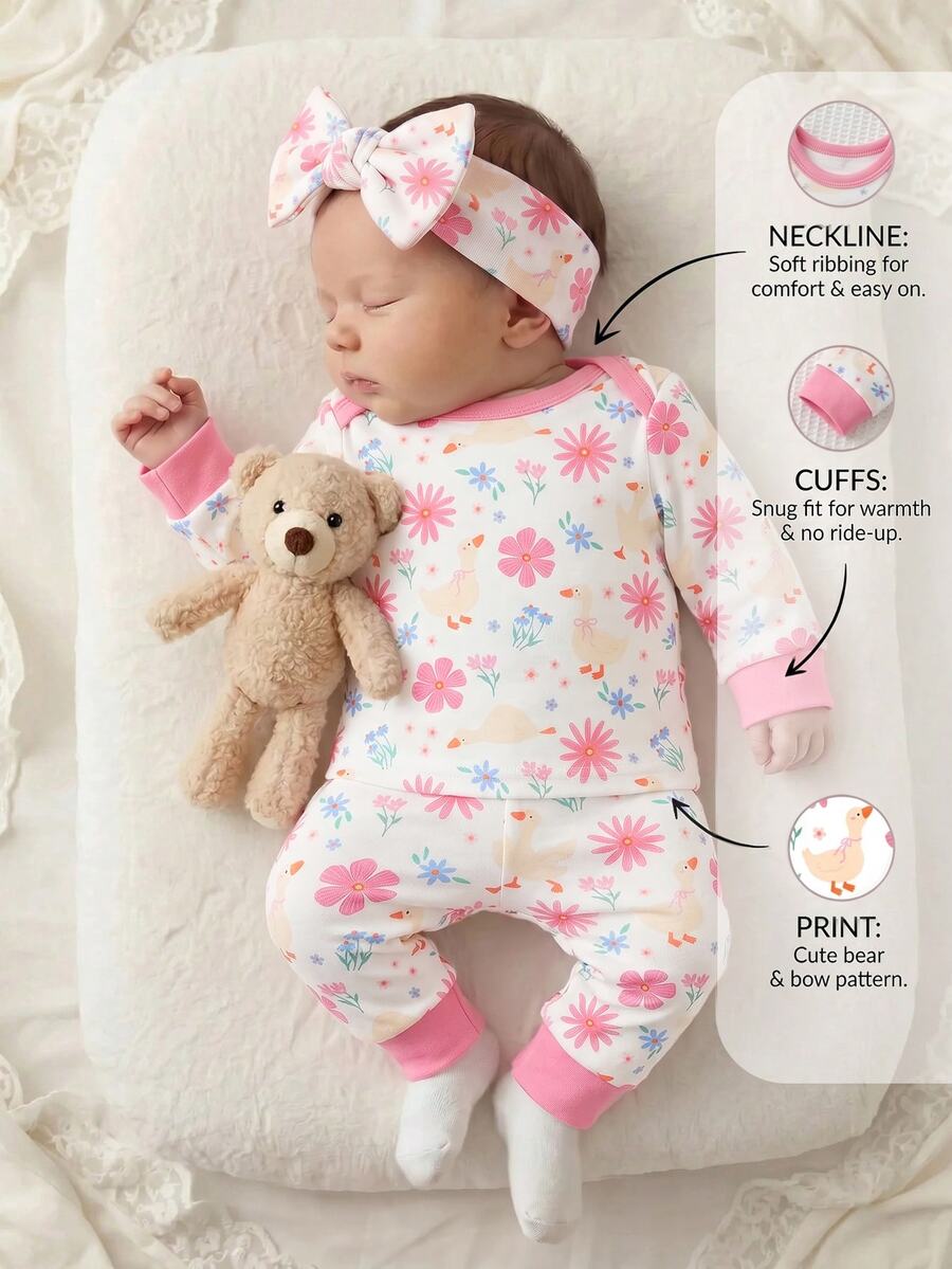SHEIN Newborn Baby Girl Cute Heart Pattern Fluffy Purple Long Sleeve Loungewear Set - Purple - View 1