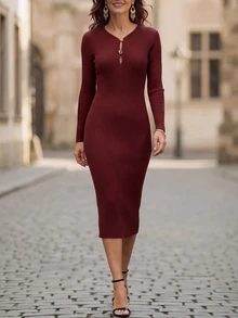 EMERY ROSE Gaun Rajut Elegan Pas Badan Lengan Panjang Berlubang dengan Dekorasi Logam Warna Polos untuk Wanita, Cocok untuk Kantor, Makan Malam, Warna Burgundy, Musim Gugur - Merah - View 8