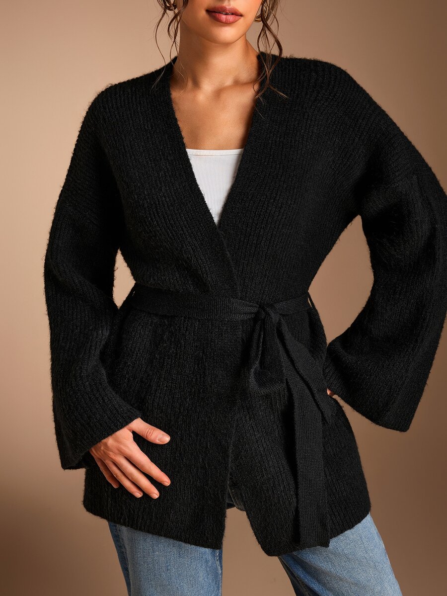 SHEIN BASICS Cardigan Wanita Warna Polos Kasual Serbaguna untuk Pemakaian Sehari-hari - Hitam - View 1