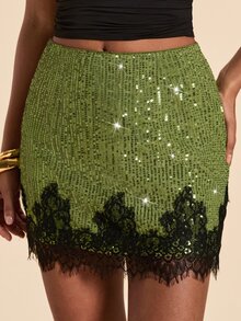 Travachic Women's Sequin Lace Trim Casual Versatile Mini Skirt - Army Green - View 7