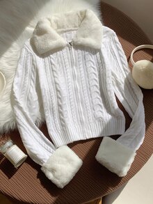 Comfortcana Women's Patchwork Fur Collar Long Sleeve Cable Knit Cardigan - Apricot - View 8
