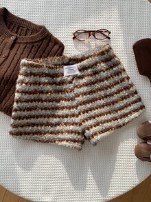Comfortcana Quần short nữ kẻ sọc thường ngày phong cách casual - màu nâu - Xem 8