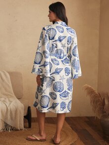 Lullawish Women's Bohemian Casual Vacation Beach Shell Ocean Element Print Tie Loose Woven Robe - Multicolor - View 2