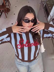 Solavibe Plus Size Y2K Colorblock Striped Oversized Knit Pullover Letter Embroidery Crew Neck For Campus & Daily,Colorblock,Fall Winter,Street Style,Halloween - Brown - View 9